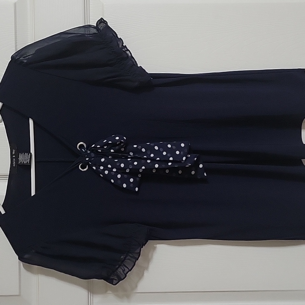 Adele & May Navy Polka Dot Bow Blouse V-Neck Sheer Ruffle Sleeve Size Large - Picture 2 of 9